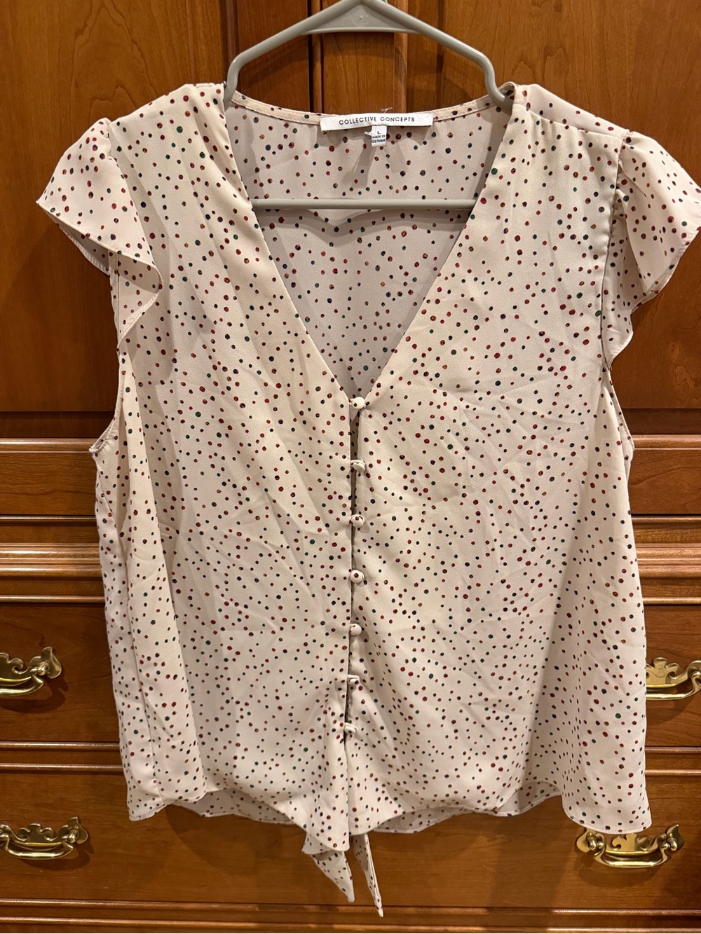 Collective Concepts Cream Dot-Print Button Front Cap-Sleeve Blouse